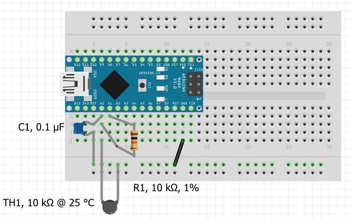 Thermistor breadboard circuit using an Arduino Nano