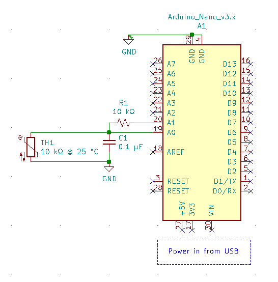 Figure 2. Thermistor Circuit Using Arduino Nano/Uno, screenshot captured from Kicad